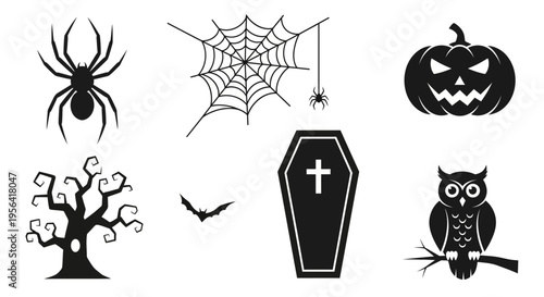Spooky Halloween vector graphic collection with iconic elements spiders, jack-o'-lanterns, owls, bats, and haunted trees, ideal for festive seasonal design projects
