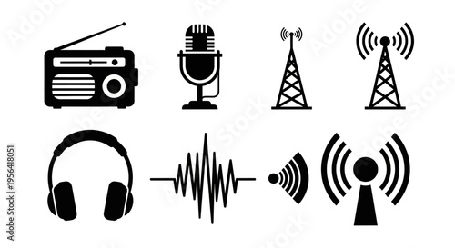 Collection of diverse communication and audio technology icons, symbolizing broadcast, sound, and wireless signal concepts in a modern vector illustration style