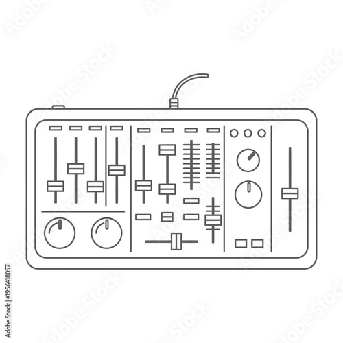 Sound mixer board with multiple sliders and dials for audio control and adjustment in a studio or live performance setting with a white background