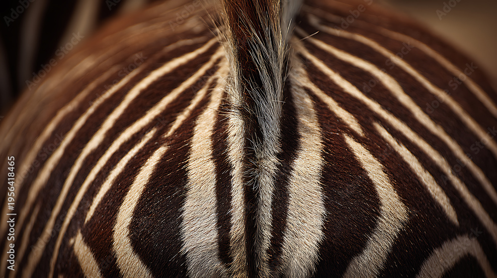 Naklejka premium Close-up of a zebra's back showing intricate brown and white striped fur pattern and animal texture with a blurred background detail shot