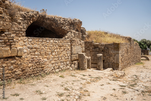 Columns by the wall of a Roman villa in Bulla Regia, outside of Jendouba, Tunisia