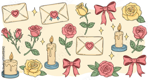 Whimsical romantic stationery with candles roses and letters in soft pastel colors on cream background for Valentines Day