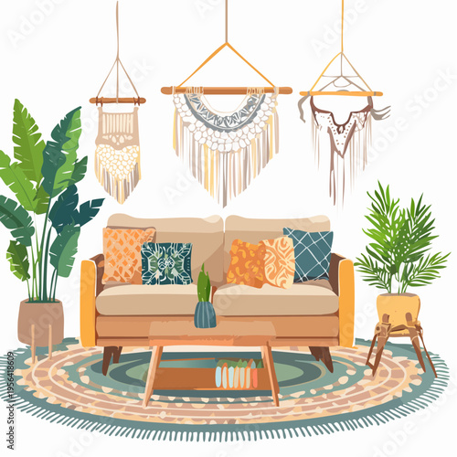 Boho Wohnzimmer mit vielen Pflanzen und warmen Naturfarben