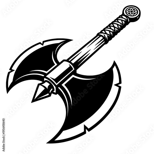 Viking Battle Axe Silhouette – Medieval Double Headed War Axe and Warrior Weapon Emblem Minimalist Black and White Vector Illustration