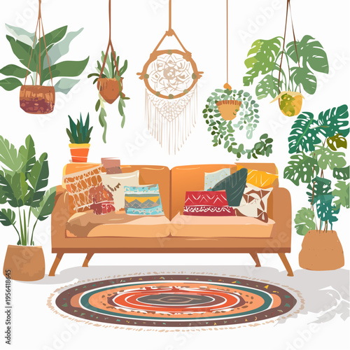 Boho Wohnzimmer mit vielen Pflanzen und warmen Naturfarben