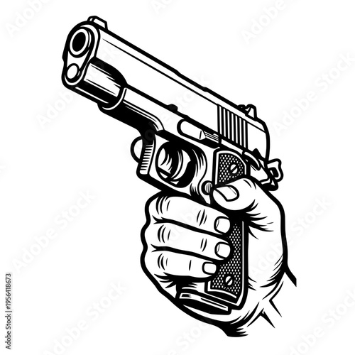 Hand Holding Pistol Handgun Black and White Tactical Weapon Vector Illustration