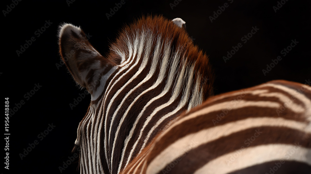 Obraz premium Close-up view of a zebra's back and head, showcasing its distinctive brown and white striped fur pattern and mane against a dark background