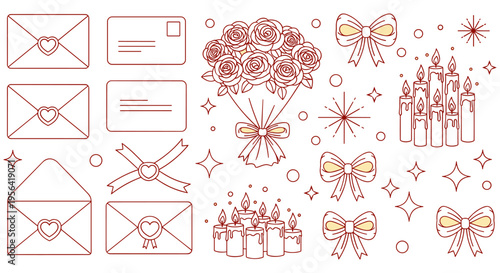 Red line art wedding stationery icons with bows and flowers in minimalist illustration for invitation design