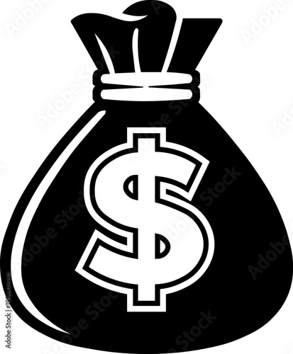 Money Bag Dollar Icon Vector, Cash Savings and Wealth Concept, Financial Investment Symbol, Business Profit Icon, Minimal Black and White