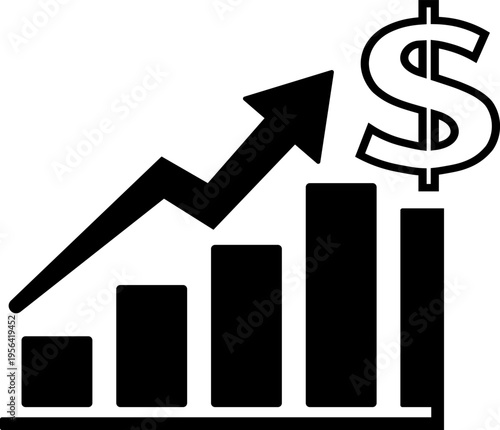 Revenue Growth Chart Icon Vector, Business Profit Increase, Financial Analytics Bar Graph with Up Arrow and Dollar Symbol, KPI Performance Concept, Minimal Black and White