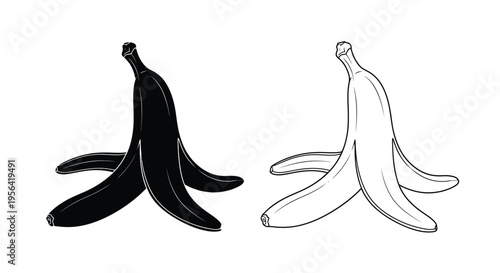 Two banana peels depicted in contrasting black and white line art