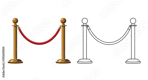 Red and white stanchions with velvet ropes in a comparative illustration