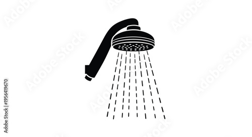 Simple black and white illustration of a shower head with falling water droplets