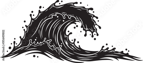 Dynamic black and white wave illustration with intricate splashes and motion lines