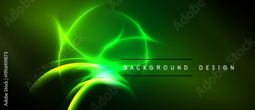 Abstract green neon lines create dynamic flow. Dark background emphasizes bright curves, shapes, gradients. Modern design element.