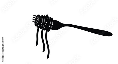 A black silhouette of a fork with strands of spaghetti wrapped around it