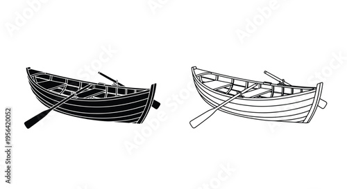 Two depictions of a small wooden rowboat with oars in different styles