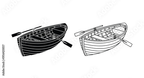 Simple black and white illustrations of a classic wooden rowboat with oars