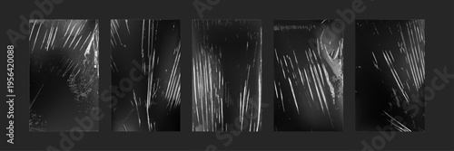 Transparent plastic wrap texture set, wrinkled cellophane overlay sheets with realistic gloss and polyethylene creases on checkered background