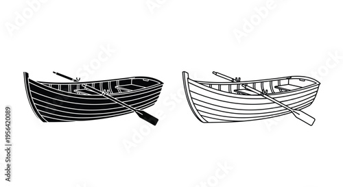 Black and white illustration of two rowing boats with oars