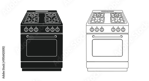 Black and white line art illustrations of modern gas ranges