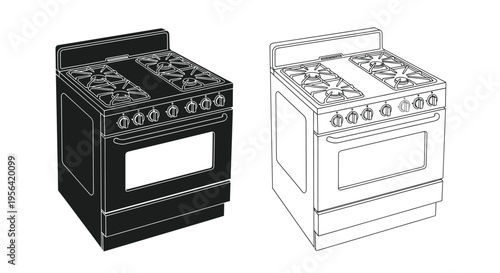 Two line art depictions of a professional grade gas range oven