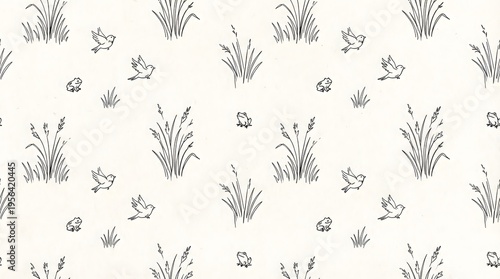 Charming hand-drawn meadow scene with birds and tall grass in a delicate, seamless pattern design, evoking a whimsical natural aesthetic