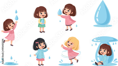 Cartoon Girl Character Playing with Water Drops and Puddles in Various Poses for Child, Weather, and Fun Illustrations