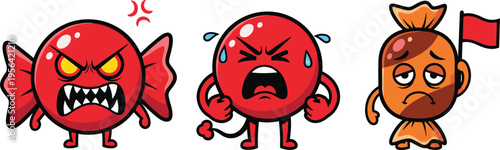 Cute Candy Cartoon Character Set with Angry Crying and Sad Expressions Funny Sweet Mascot Collection Isolated on White Background Vector Illustration