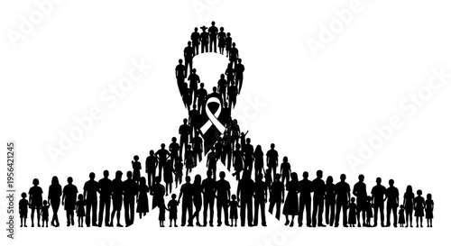 Crowd Forming Cancer Awareness Ribbon Shape.
