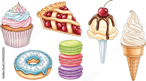 Vector Illustration Colorful Collection of Sweet Desserts and Treats Illustrations