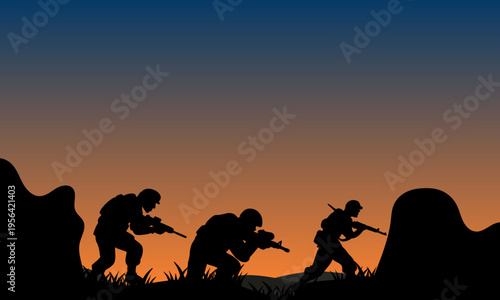 Hand-drawn illustration of soldiers at sunset depicted in different situations and poses. Emotional and atmospheric artwork capturing silhouettes of military figures against a warm sunset background