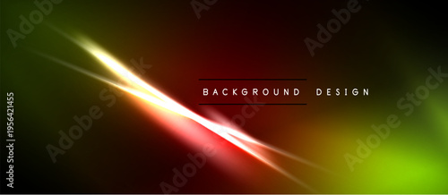 Abstract vibrant background. Diagonal light streaks blend green, red, yellow hues. Dark space dominates composition. Modern design element.