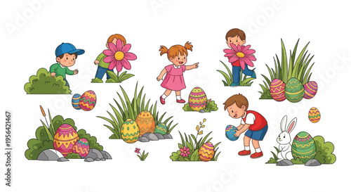 Cheerful children actively searching for brightly decorated easter eggs hidden in the grass