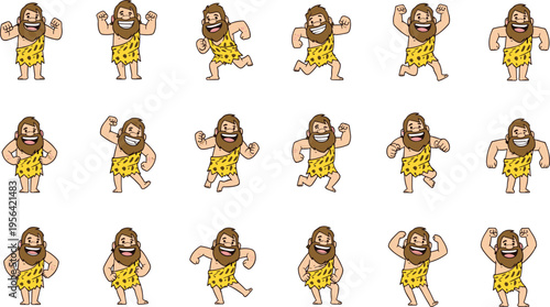 Cartoon caveman character sprite sheet with multiple dynamic poses, prehistoric man animation reference, expressive gestures and movements for game design illustration