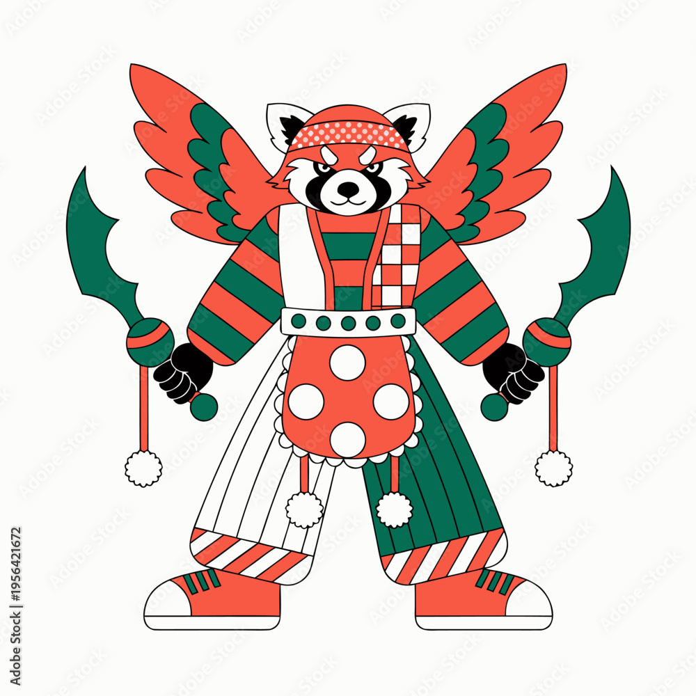 Naklejka premium A colorful cartoon red panda dressed in a festive holiday outfit with wings and accessories