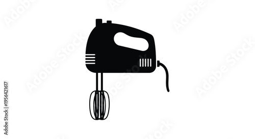 A black silhouette of a handheld electric mixer against a white backdrop