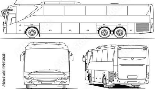 Detailed passenger bus technical line drawings showing side, front, and rear perspectives, engineering blueprint illustration for automotive design,manufacturing, and transportation industry