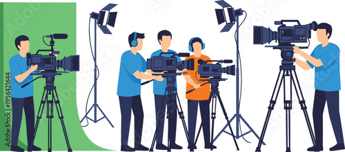 Film Crew Working with Cameras and Studio Lights Video Production Team Shooting Scene with Green Screen Equipment Vector Illustration Collection