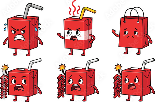 Cute Red Juice Box Cartoon Character Set with Different Emotions and Actions Funny Beverage Mascot Collection Isolated on White Background
