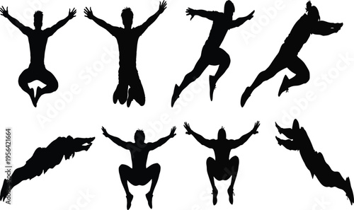 Energetic human silhouettes jumping and leaping in dynamic mid‑air poses, expressive athletic movement figures, celebratory dance action, fitness lifestyle concept illustration