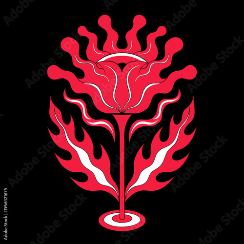A vibrant red flower with flames on a black background