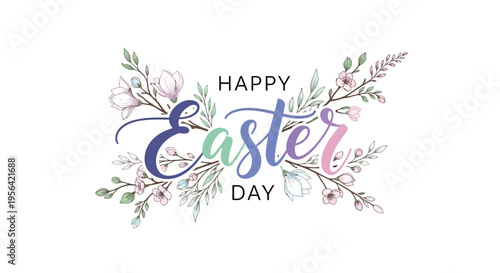 Beautifully decorated happy easter day greeting card design with delicate spring blossoms