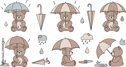 Cartoon Teddy Bears with Umbrellas in Various Poses for Rain, Weather, and Child-Friendly Illustrations