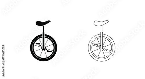 Two black and white illustrations of unicycles side by side