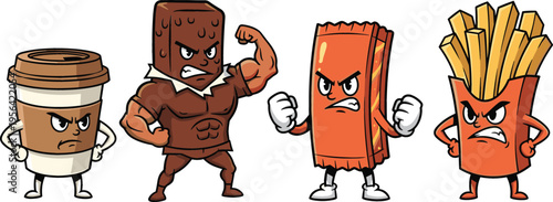 Funny Fast Food Cartoon Character Set with Coffee Cup Chocolate Bar Snack and French Fries Angry Mascot Collection Isolated on White Background