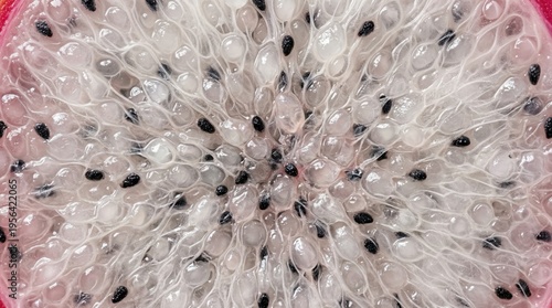 Closeup dragon fruit flesh with translucent vesicles and seeds. Tropical superfood texture background concept.
