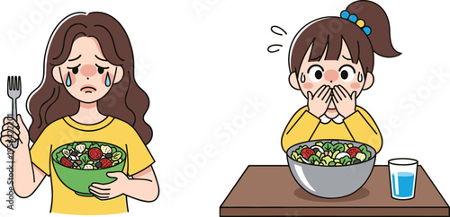 Kids Eating Vegetables Concept with Happy and Sad Expressions Healthy Food Education Cartoon Illustration Collection Isolated on White Background