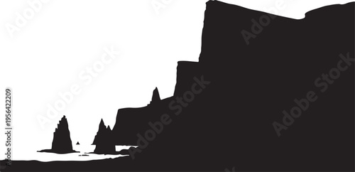  pure black silhouette on pure white background of cliff landscape