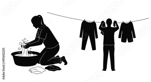 Family doing laundry washing clothes in a tub and hanging them to dry